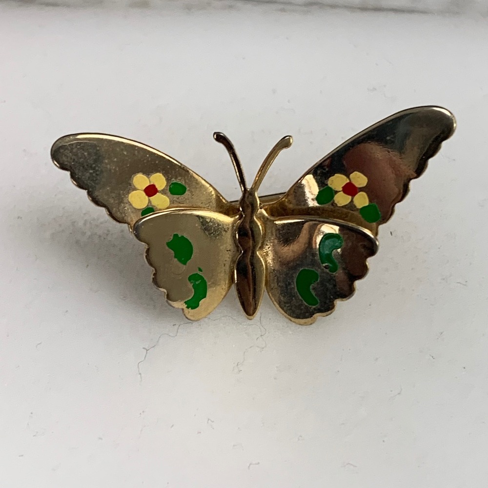 Vintage Gold Tone Butterfly Brooch Enamel Floral Insect Pin 4682